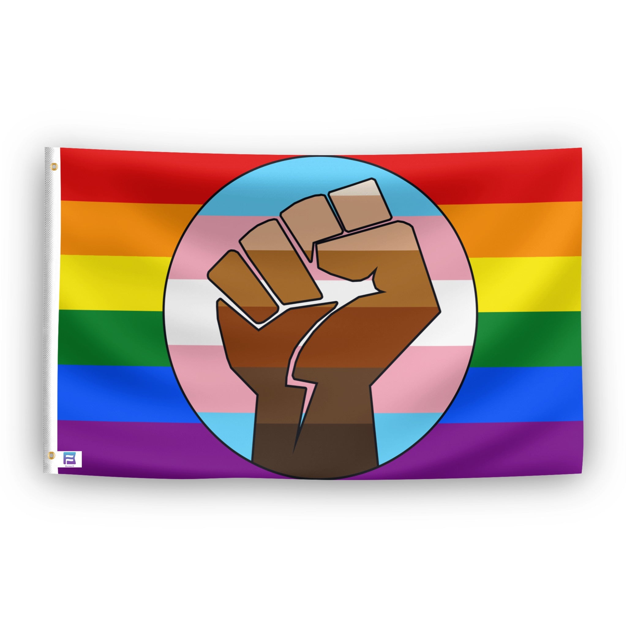Trans pride flag with rainbow design and interlocked hands in brown on a white background.