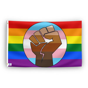 Trans pride flag with rainbow design and interlocked hands in brown on a white background.