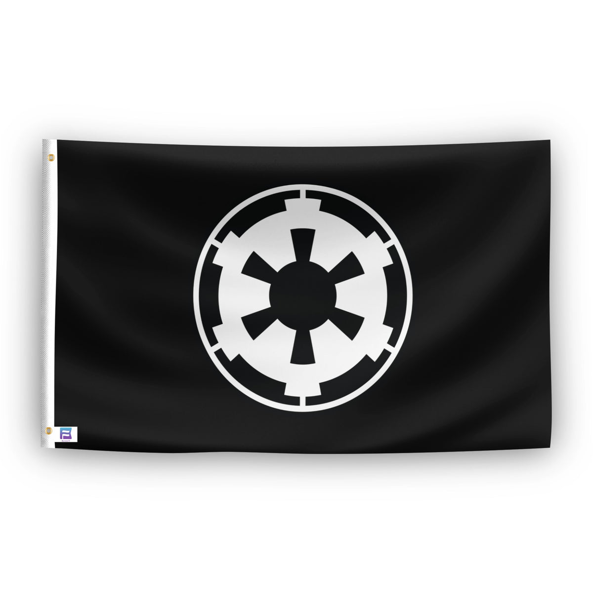 A black flag featuring the white Star Wars Galactic Empire symbol in the center, with a white hanging sleeve and grommets on the left side.
