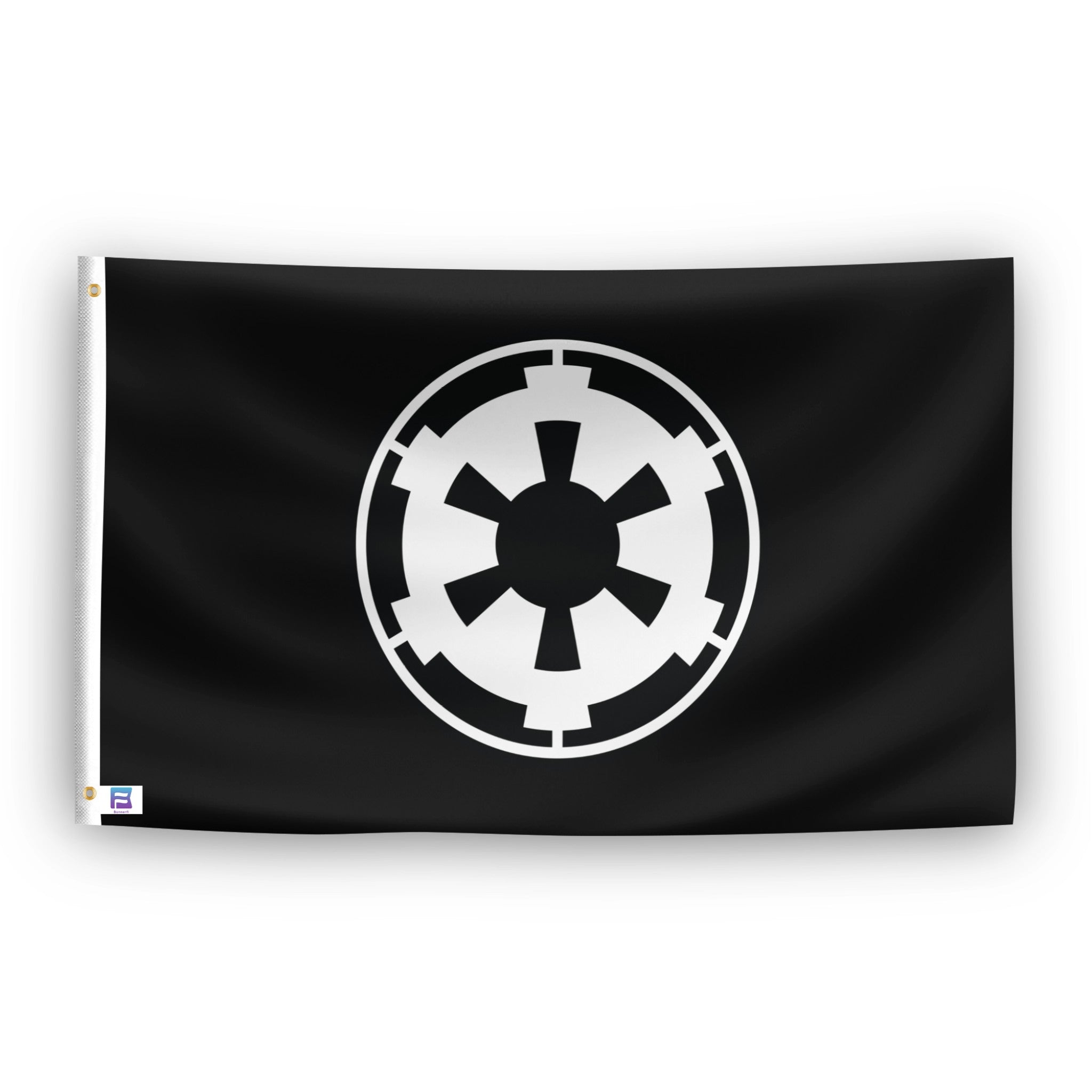 A black flag featuring the white Star Wars Galactic Empire symbol in the center, with a white hanging sleeve and grommets on the left side.