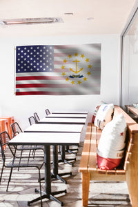 a long table with chairs and a flag hanging on the wall