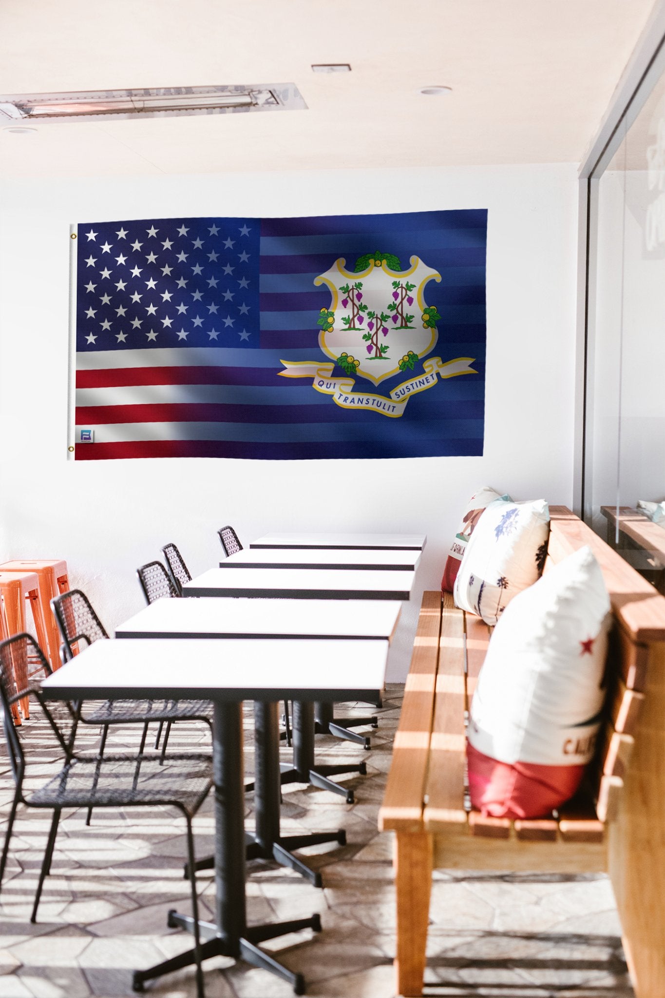 a room with a flag hanging on the wall