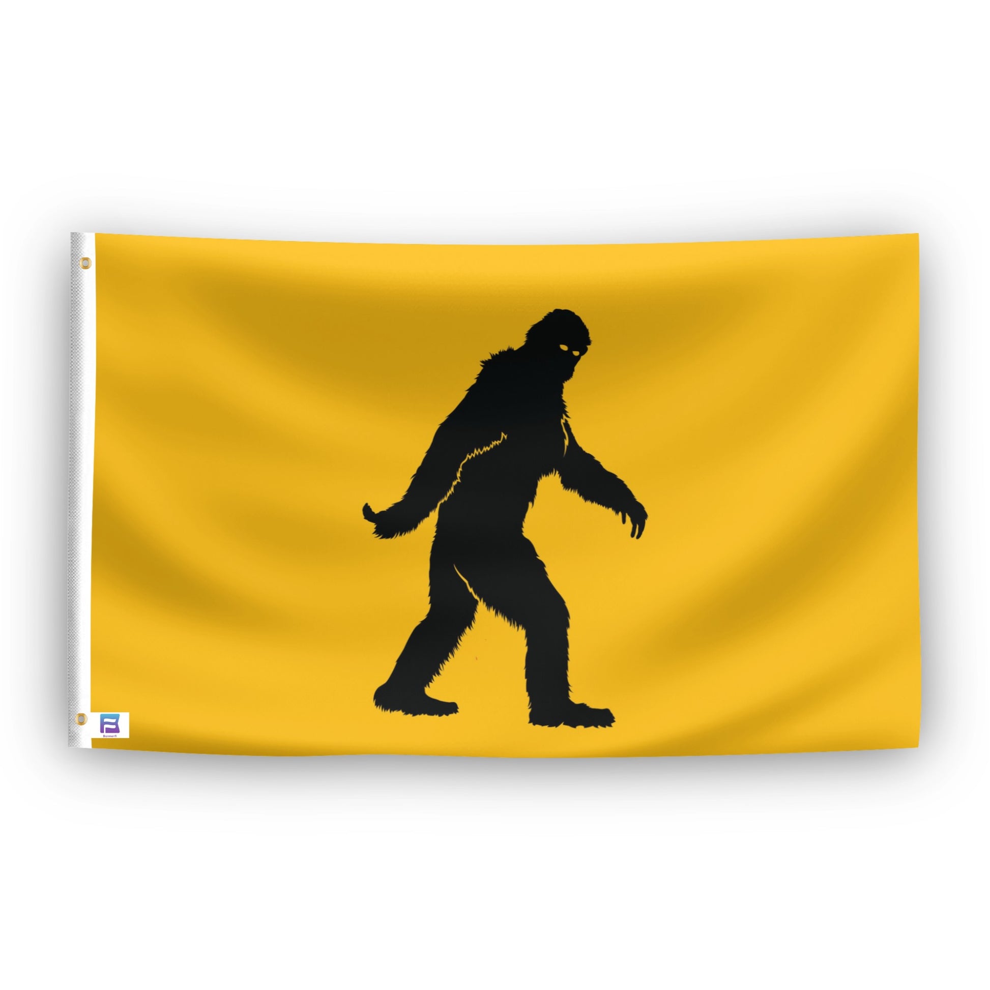 Yellow flag with a black silhouette of Bigfoot on a white background