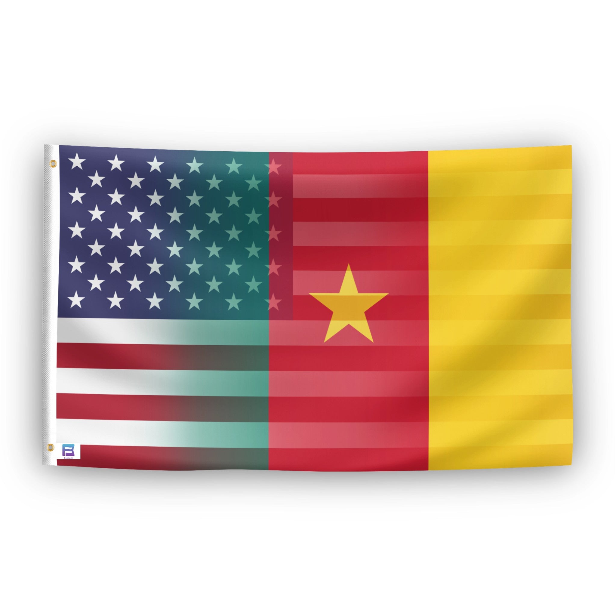 Cameroonian American hybrid flag with the two flag designs seamlessly blended together. 