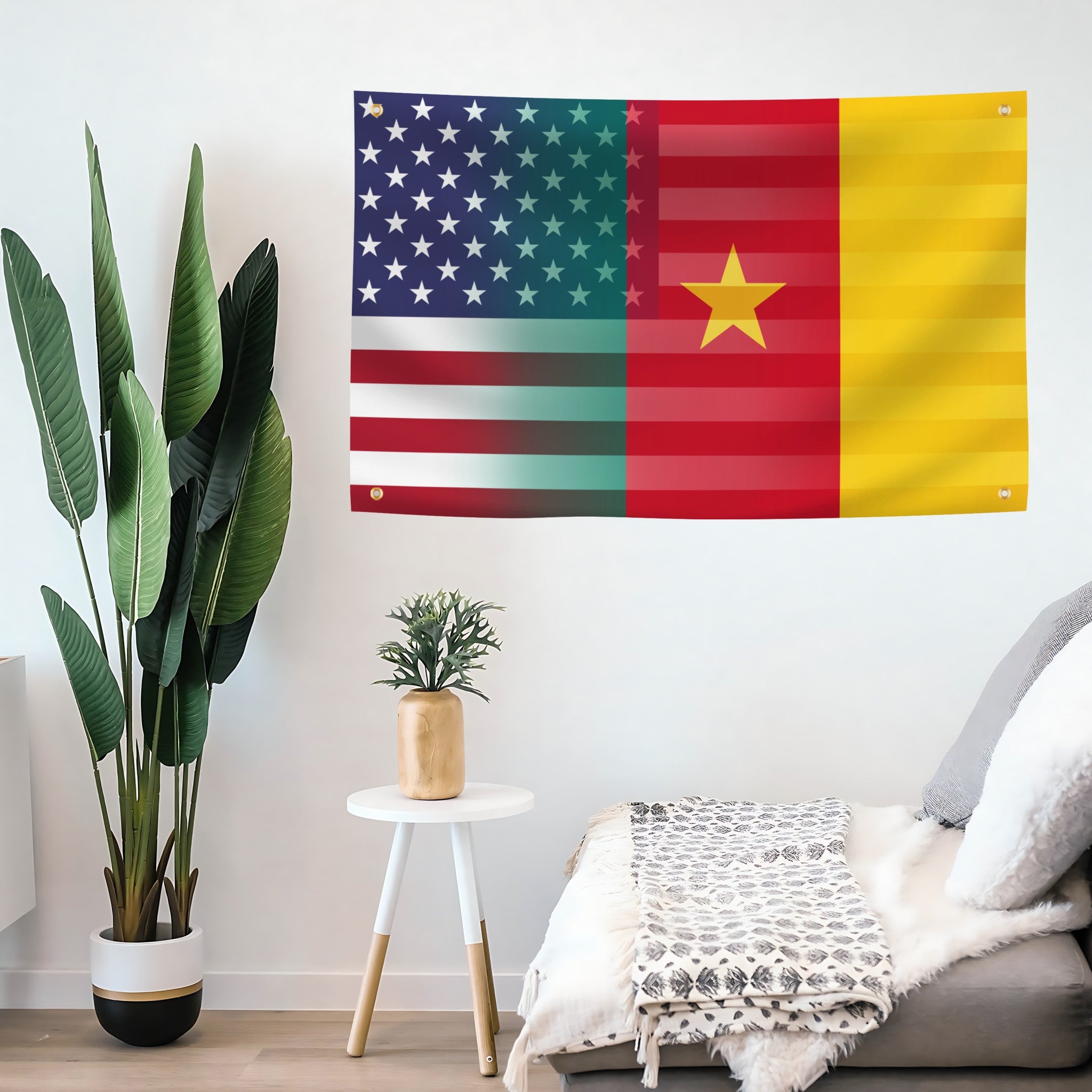 Cameroonian American hybrid banner on a living room wall with the two flag designs seamlessly blended together. 