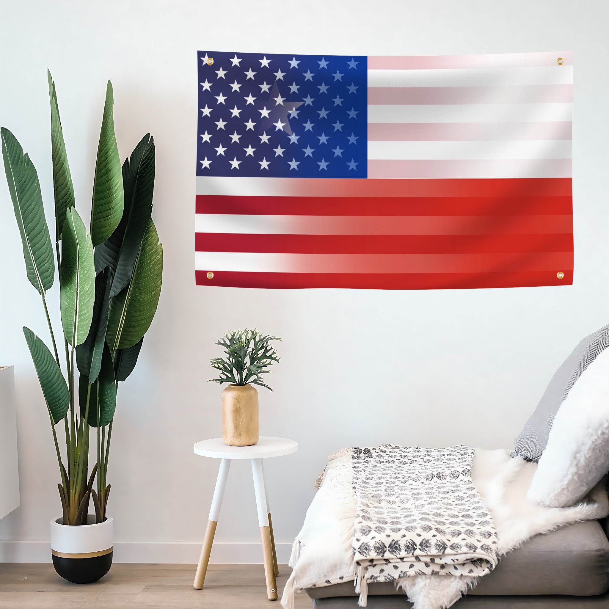 American flag banner blended with the Chilean flag design hanging on a wall above a sofa with plants and a small table in the room.