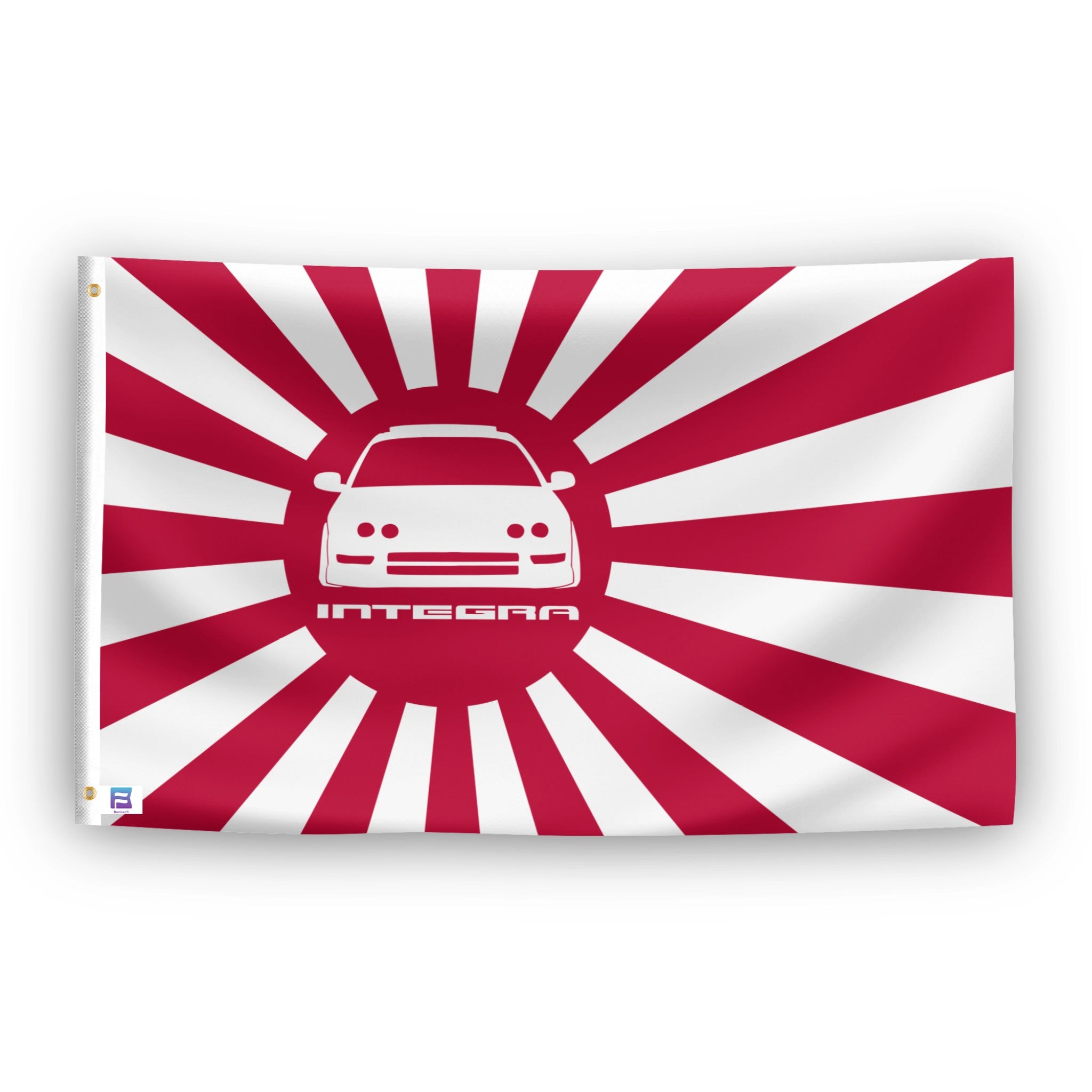 Flag with a red and white sunburst design featuring a car silhouette and 'Integra' text on a white background.