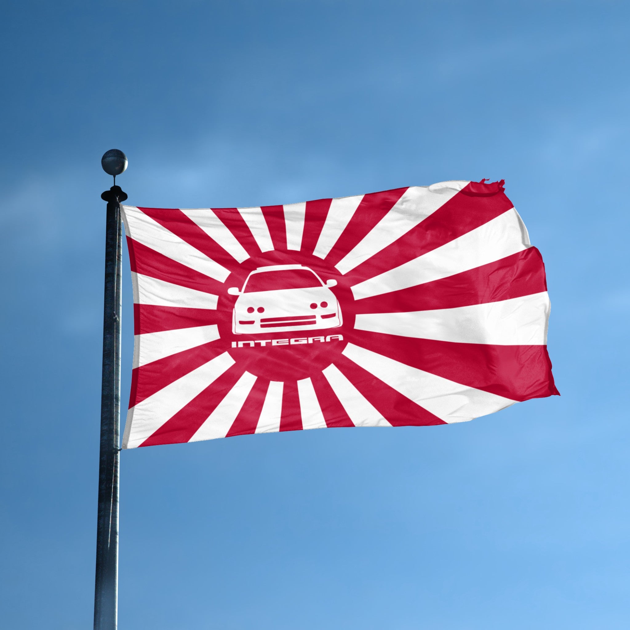 Red and white japanese imperial flag with an integra car design on a blue sky background