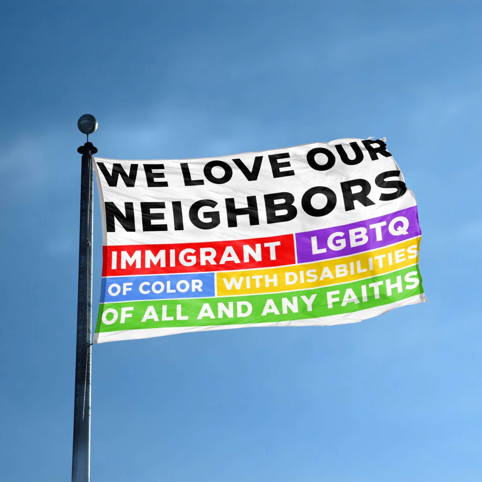 Flag with inclusive message against a blue sky