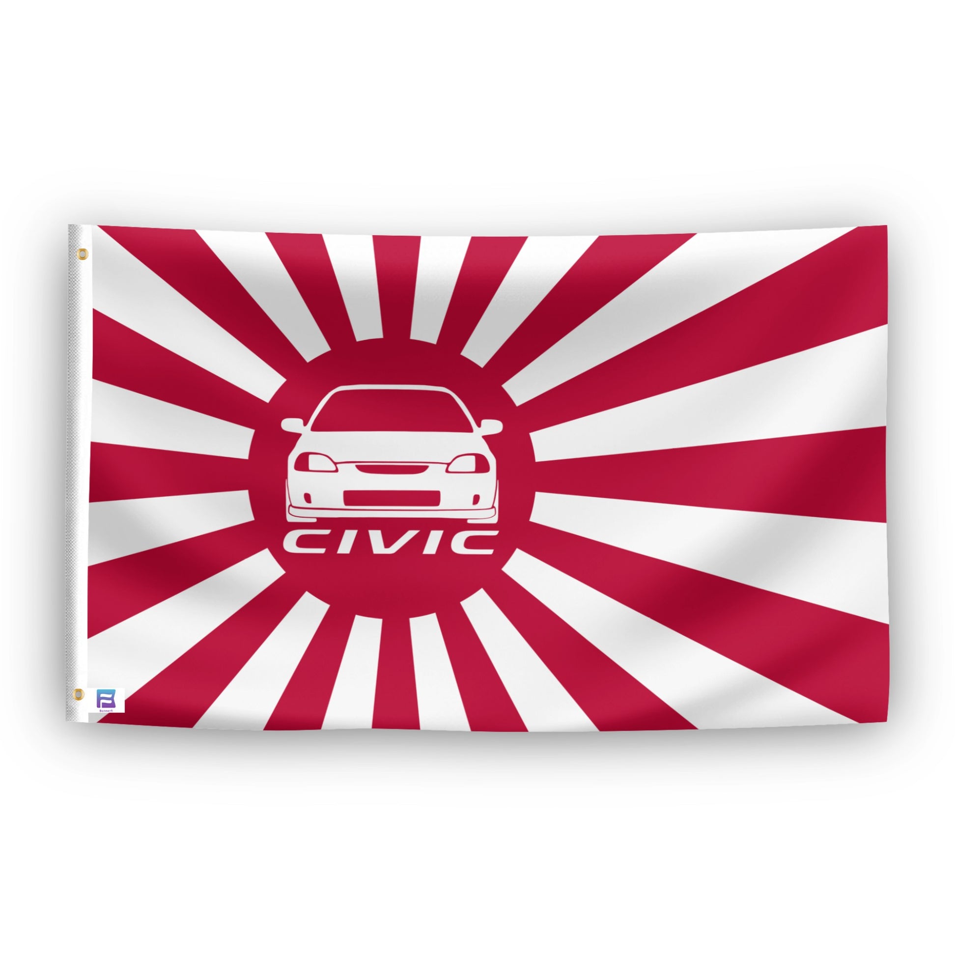 Flag with red and white design featuring a car silhouette and 'Civic' text on a white background