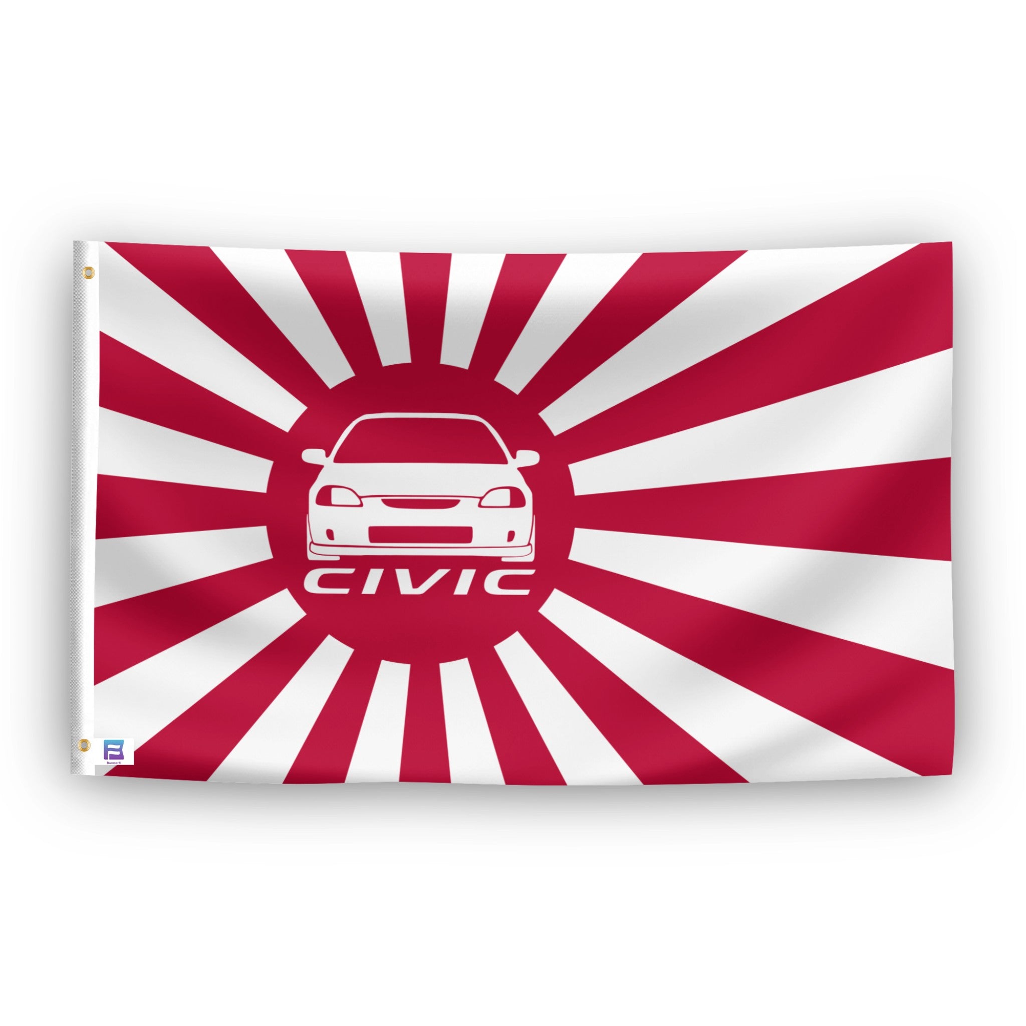 Flag with red and white design featuring a car silhouette and 'Civic' text on a white background
