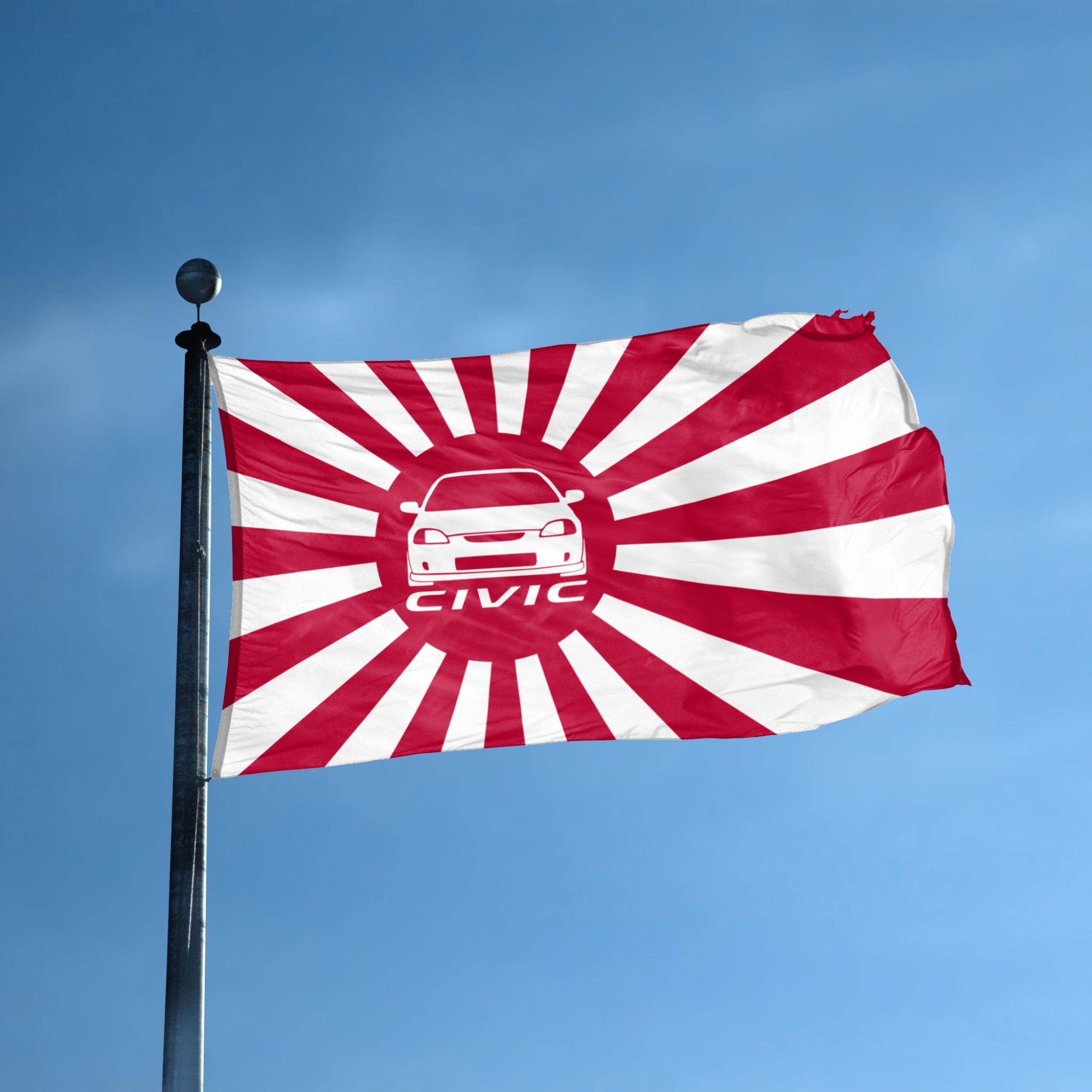 Red and white flag with a car logo and 'Civic' text against a blue sky