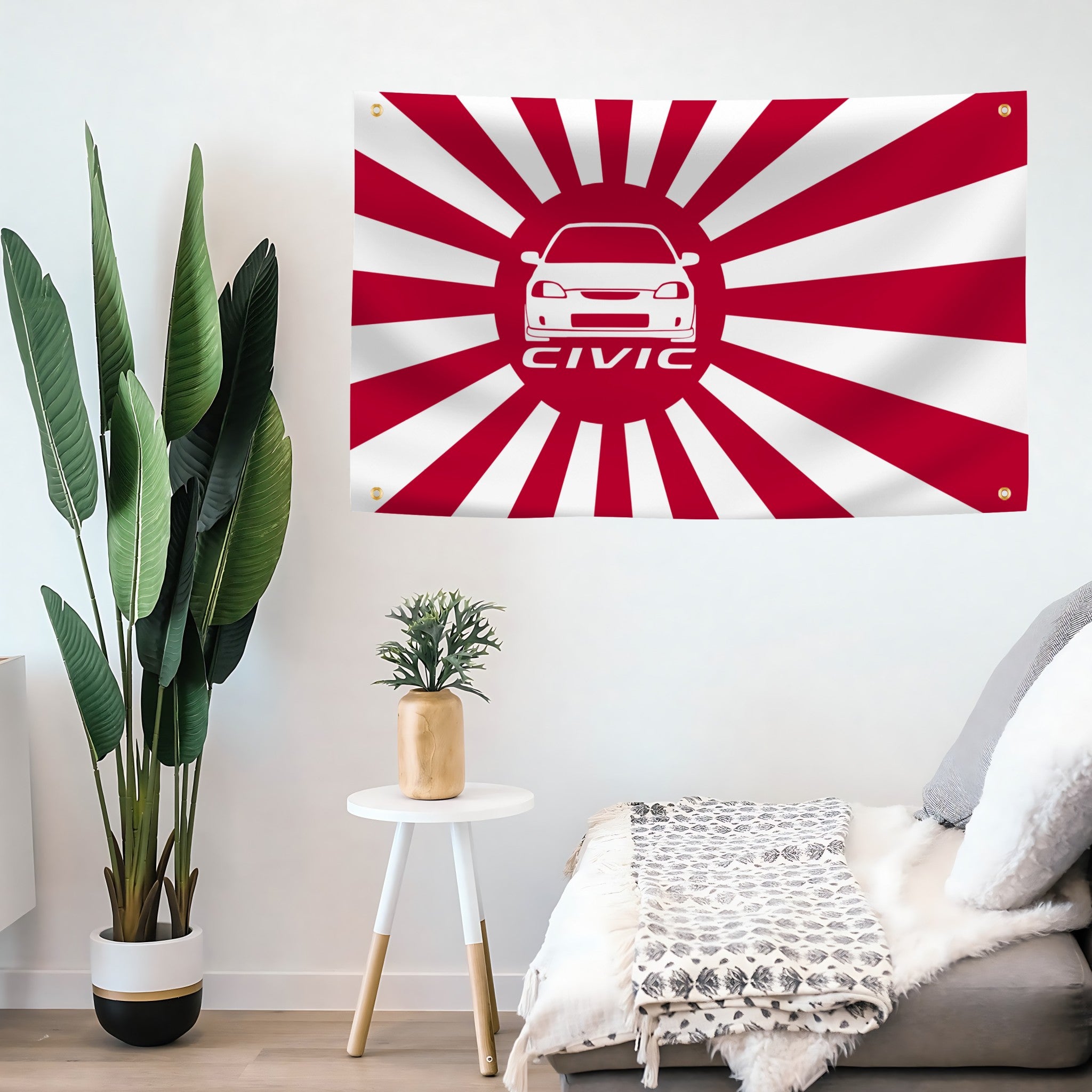 Red and white 'Civic' car flag on a wall above a sofa with plants and a small table.