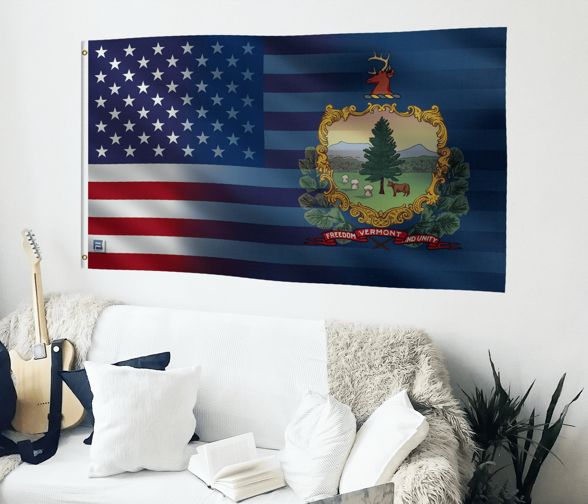 a flag hanging on the wall of a living room