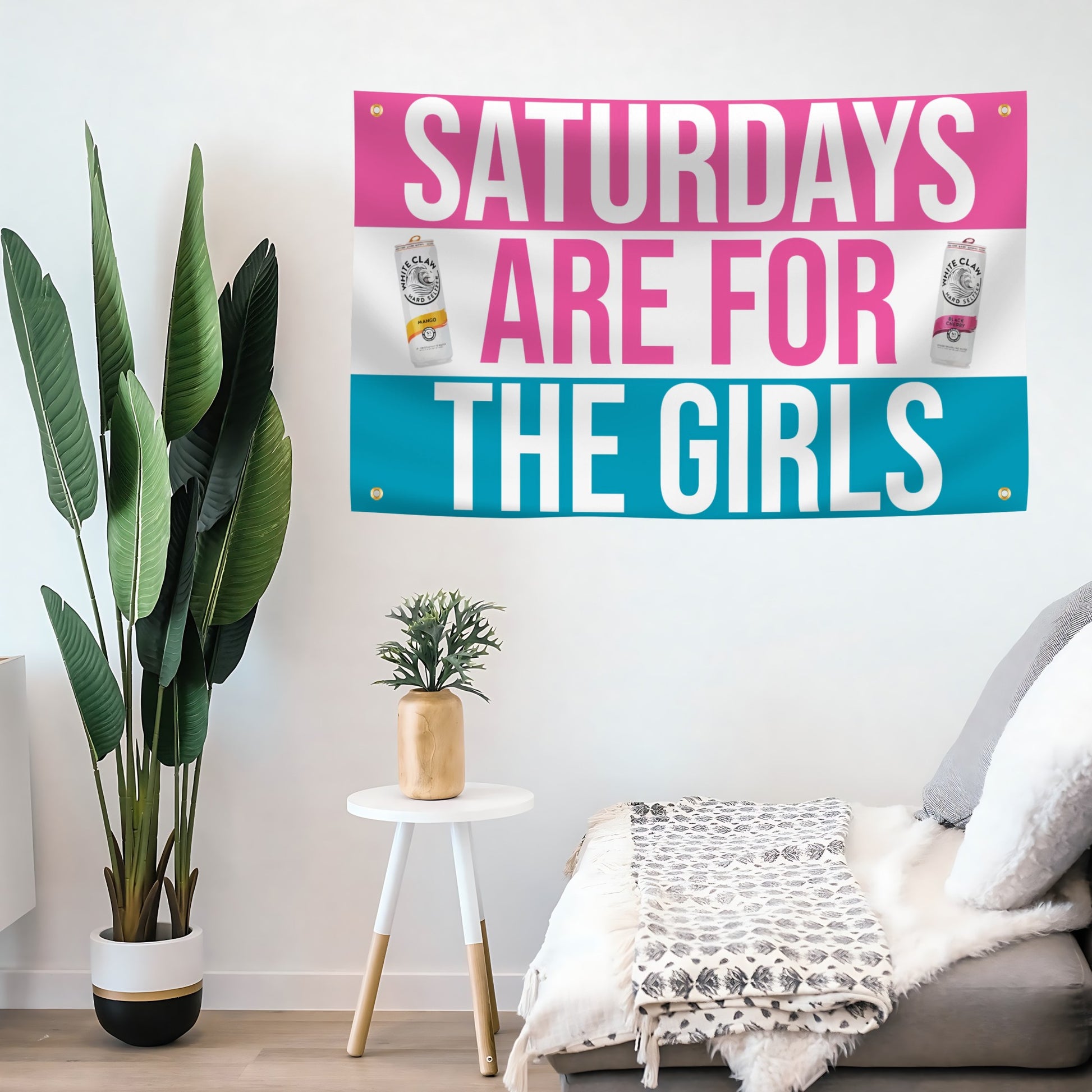 Saturdays Are For the Girls Banner with 4 grommets mounted on a wall - Flags by Bannerfi