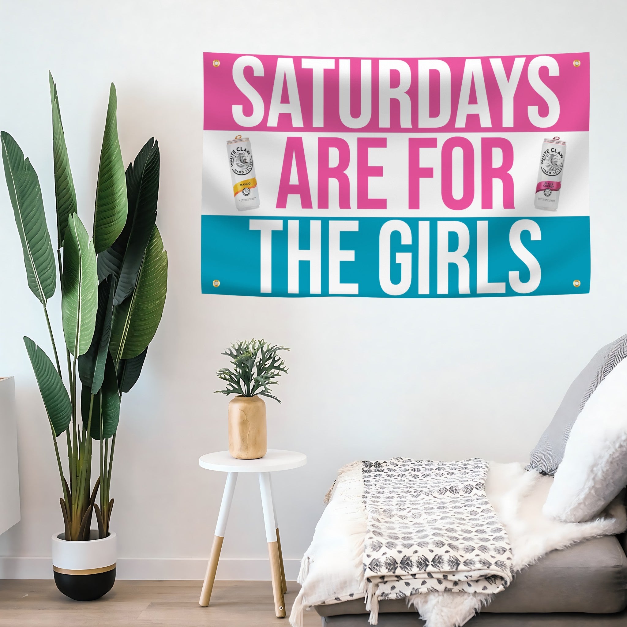 Saturdays Are For the Girls Banner with 4 grommets mounted on a wall - Flags by Bannerfi