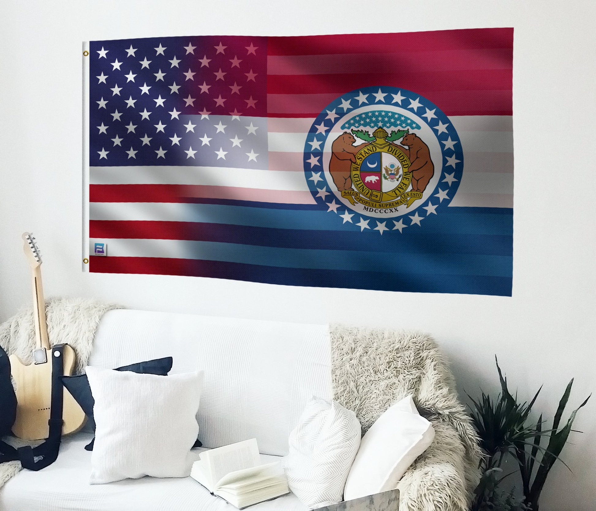 a living room with a guitar and a flag on the wall