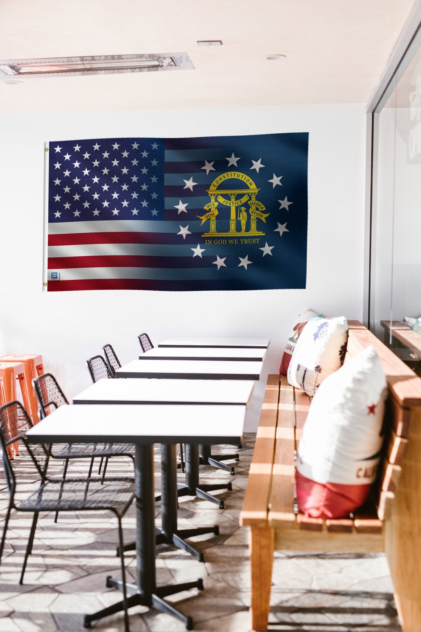 a room with a flag hanging on the wall