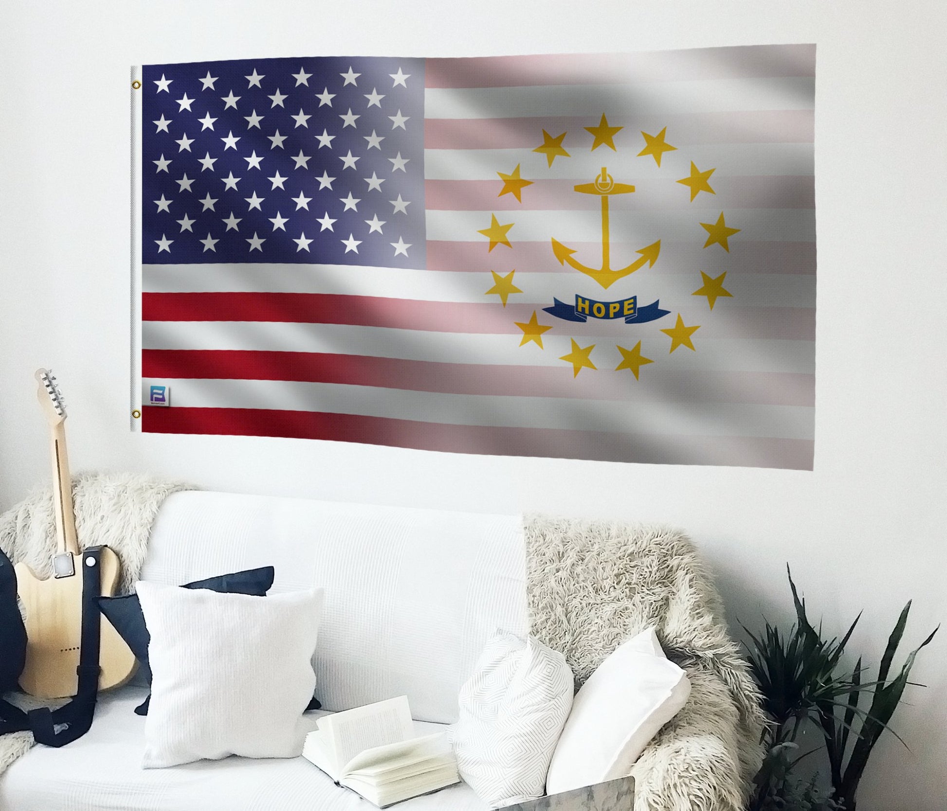 a flag hanging on a wall next to a couch