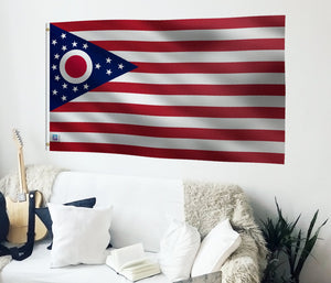 a living room with a guitar and a flag on the wall