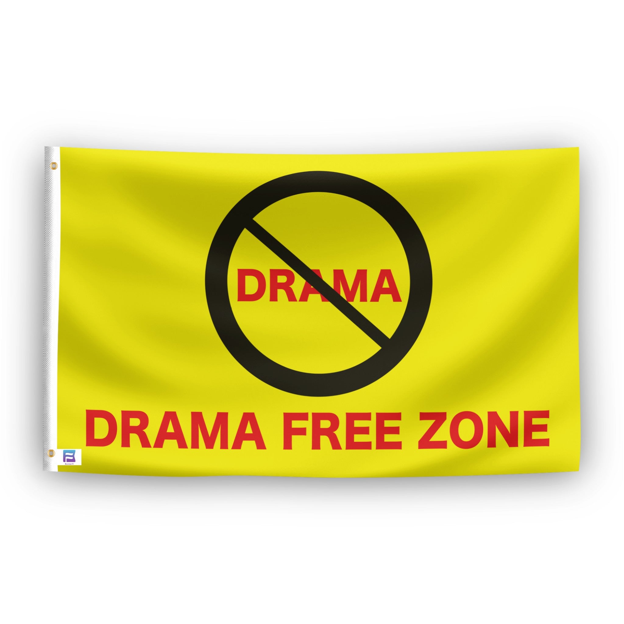Yellow flag with 'Drama Free Zone' text and symbol on a white background