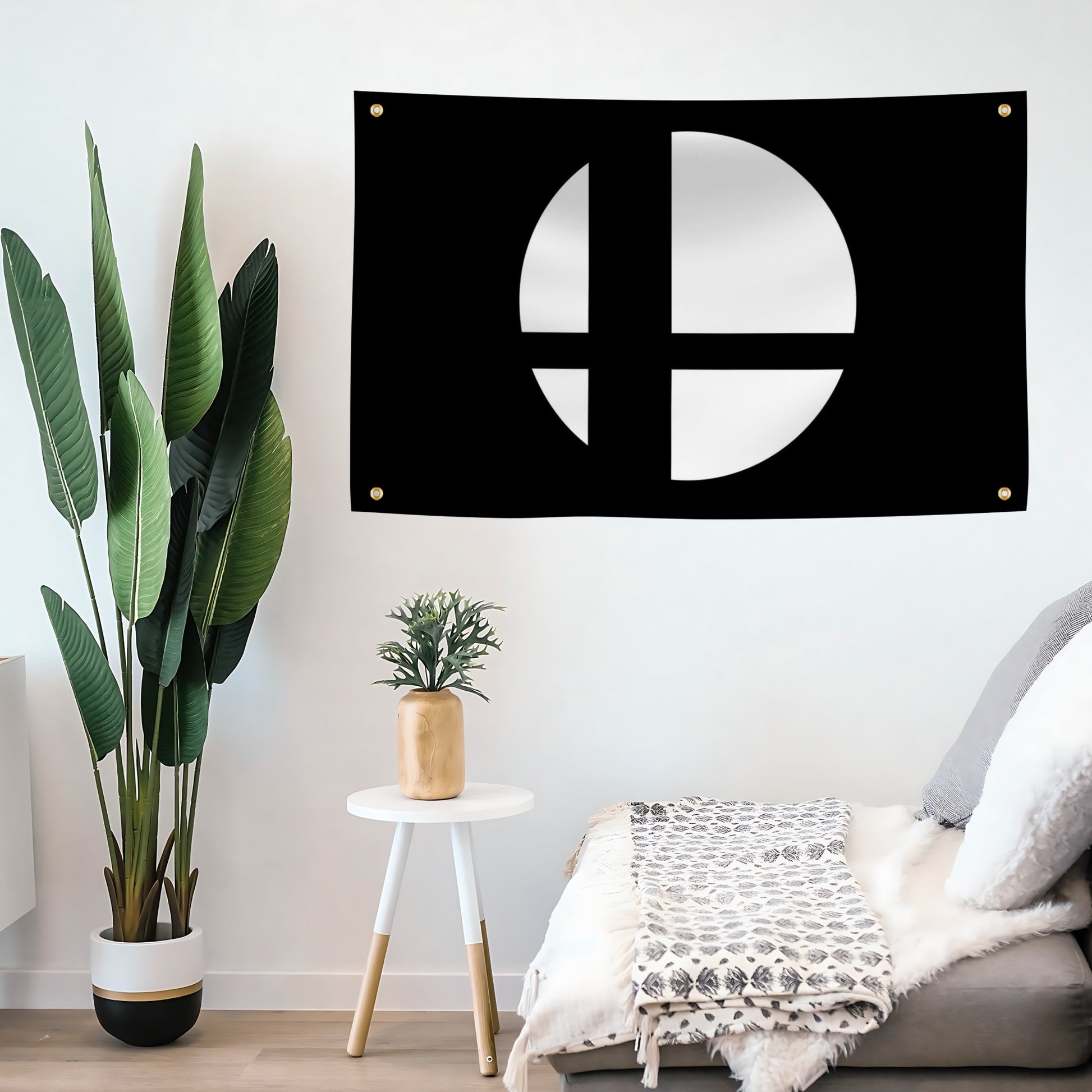 Super Smash Bros. Symbol Flag banner (Black) mounted on a wall - Flags by Bannerfi