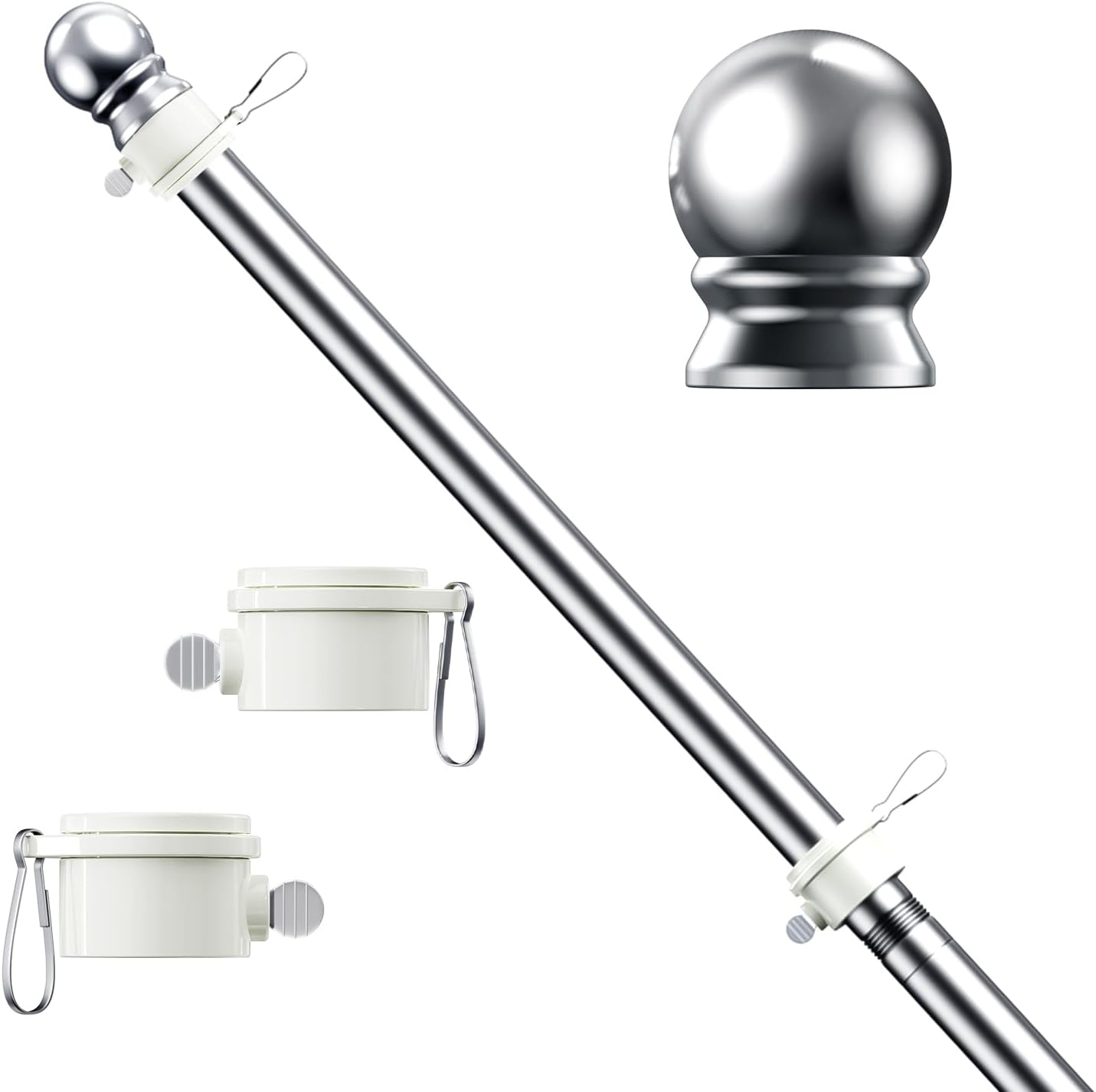 Silver metal flagpole with ball topper and tangle free swivels on a white background