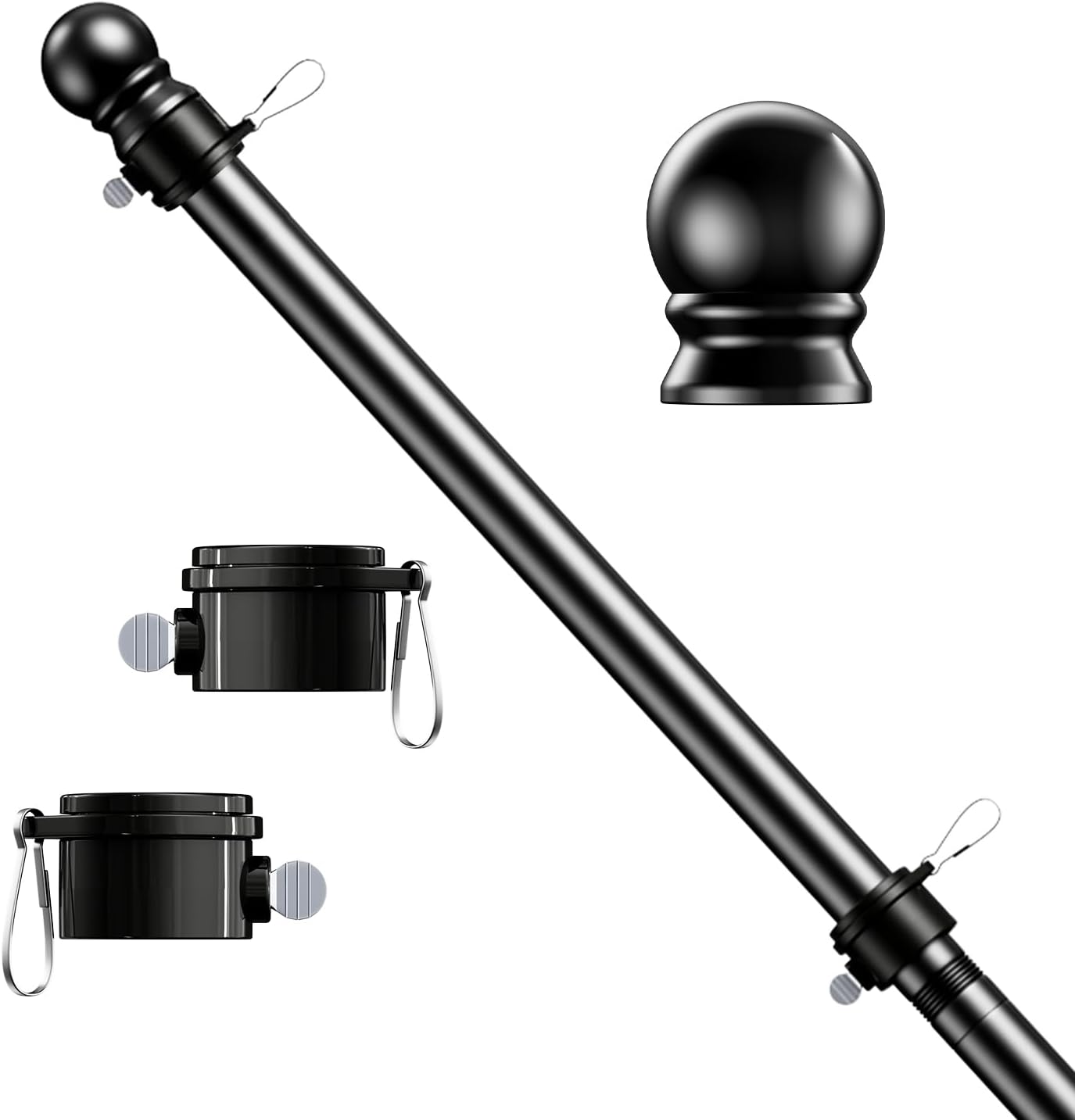 Black metal flagpole with ball topper and tangle free swivels on a white background.