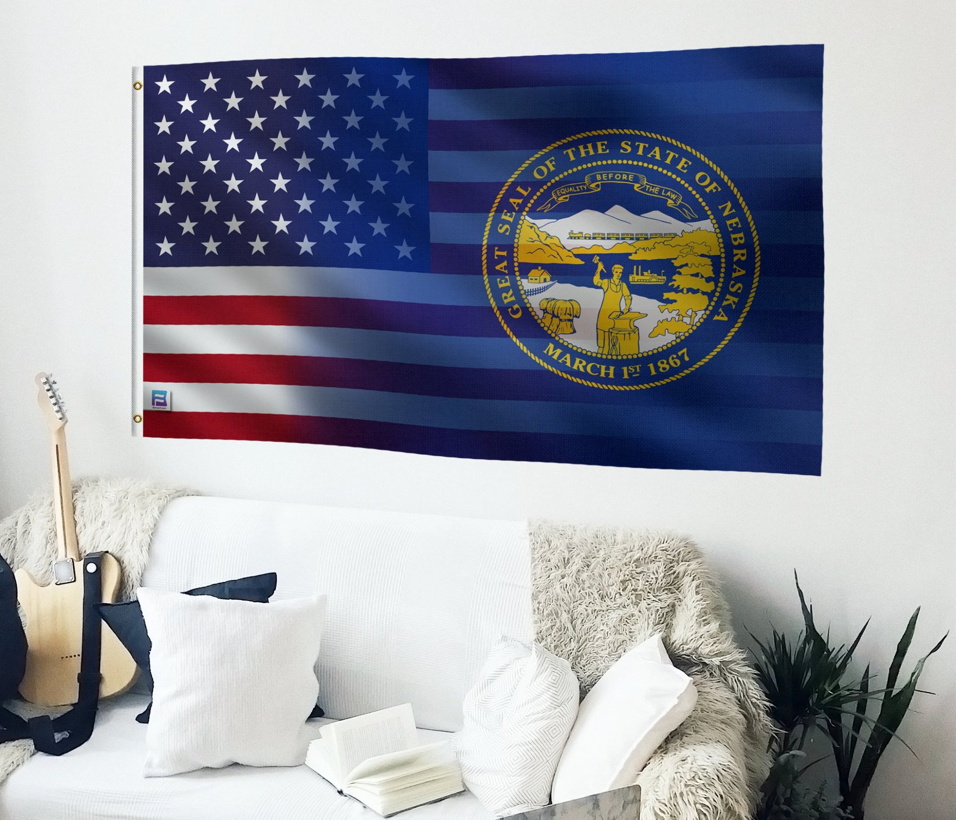 a flag hanging on the wall of a living room