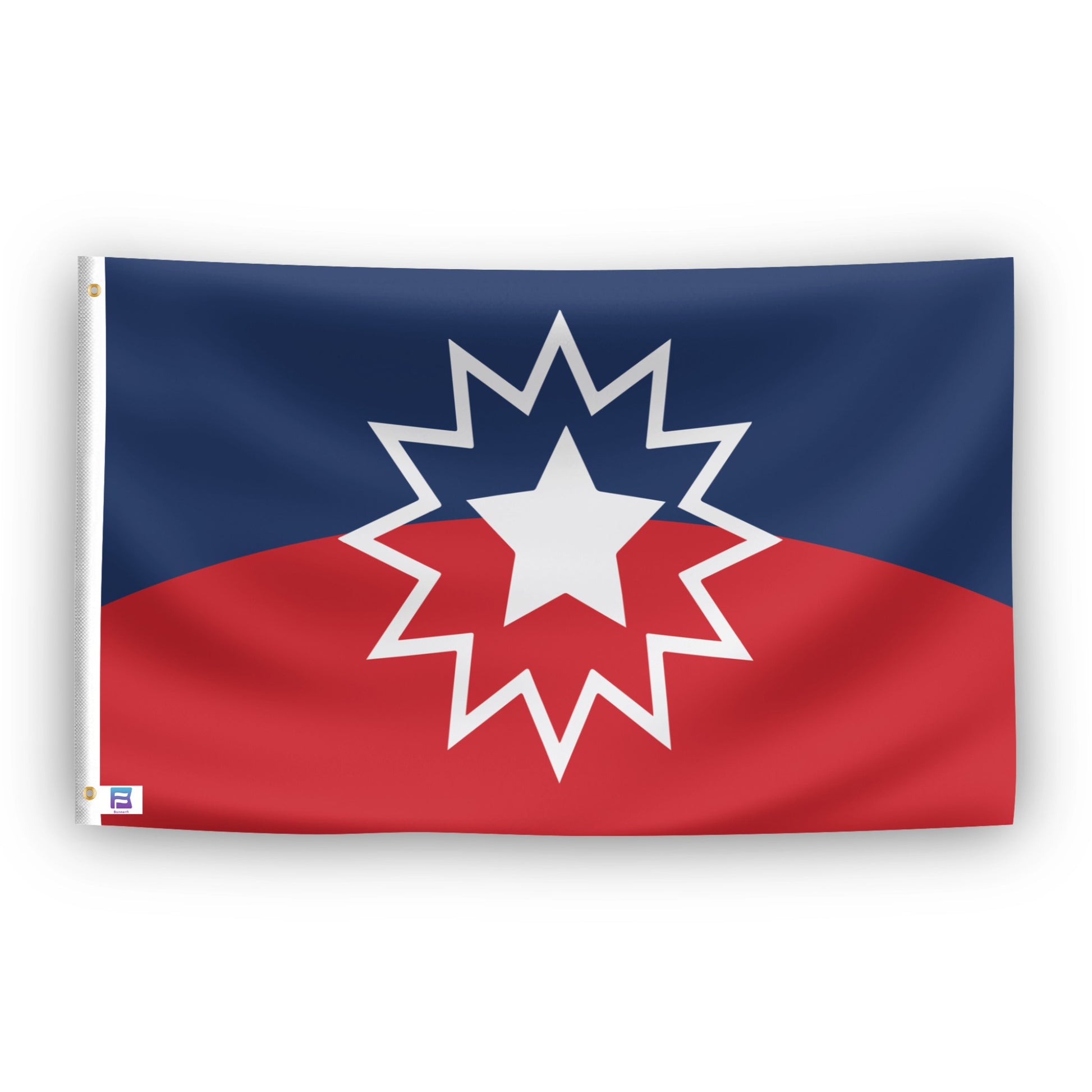 Juneteenth Flag with a white star on a blue and red background.