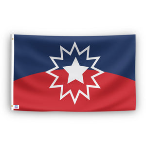 Juneteenth Flag with a white star on a blue and red background.