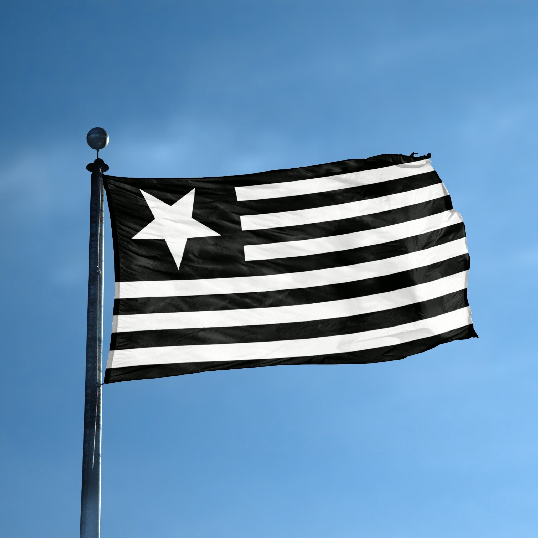 Black and white striped lamb of god american death metal flag with a star on a blue sky background