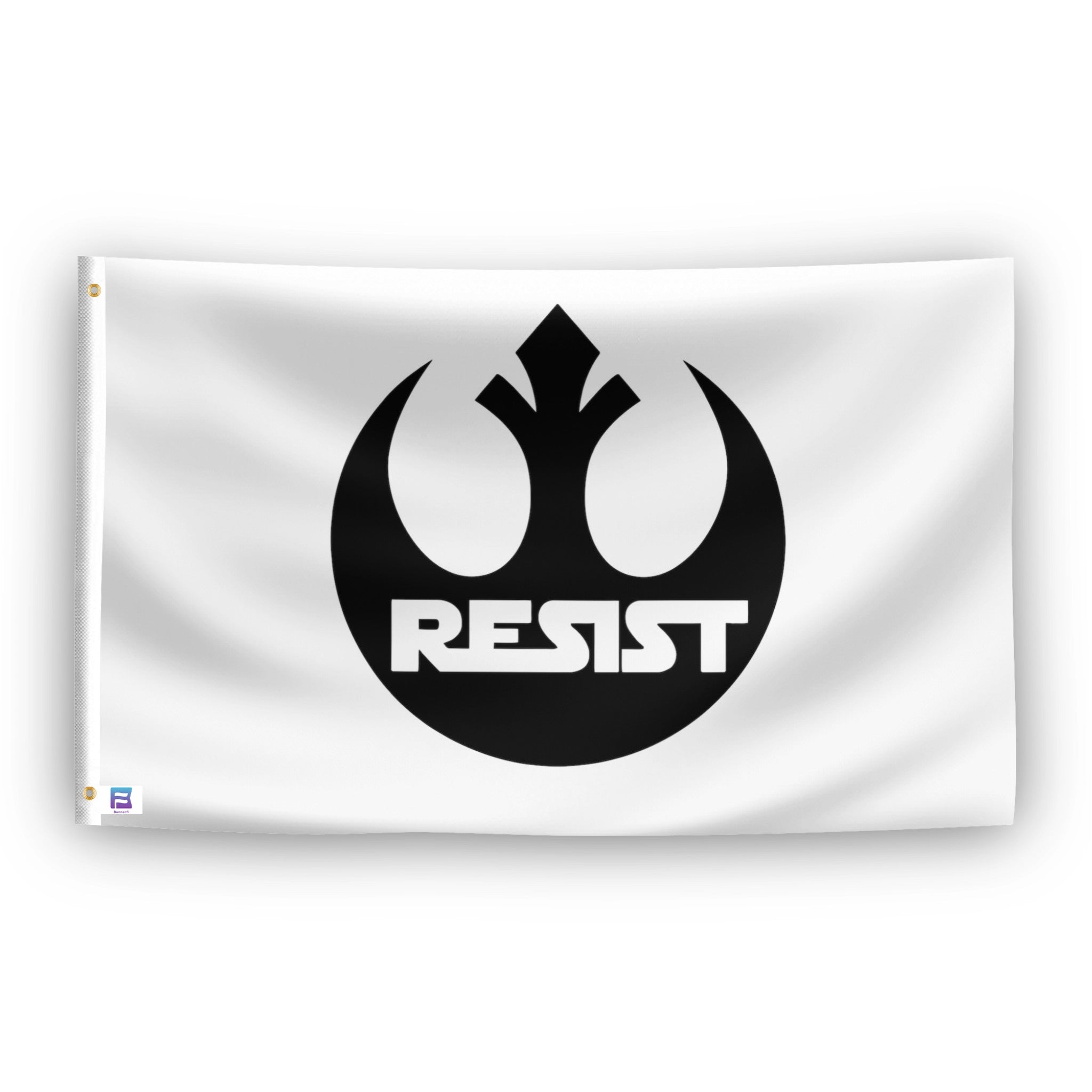 white star wars rebel alliance Flag with a black symbol and 'RESIST' text