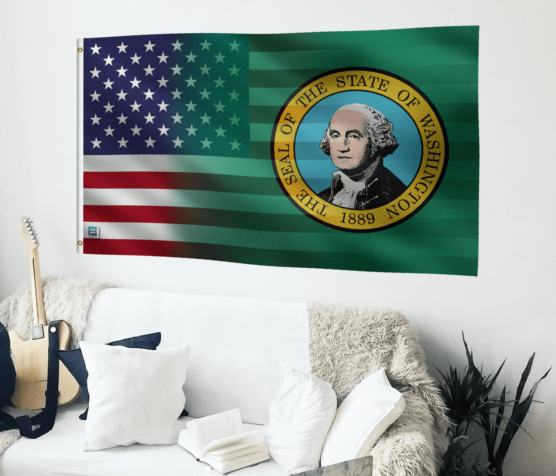 a flag hanging on the wall of a living room