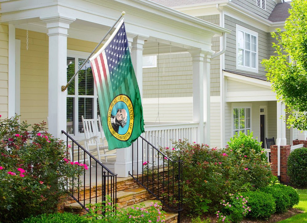 a flag with a picture of a man on it