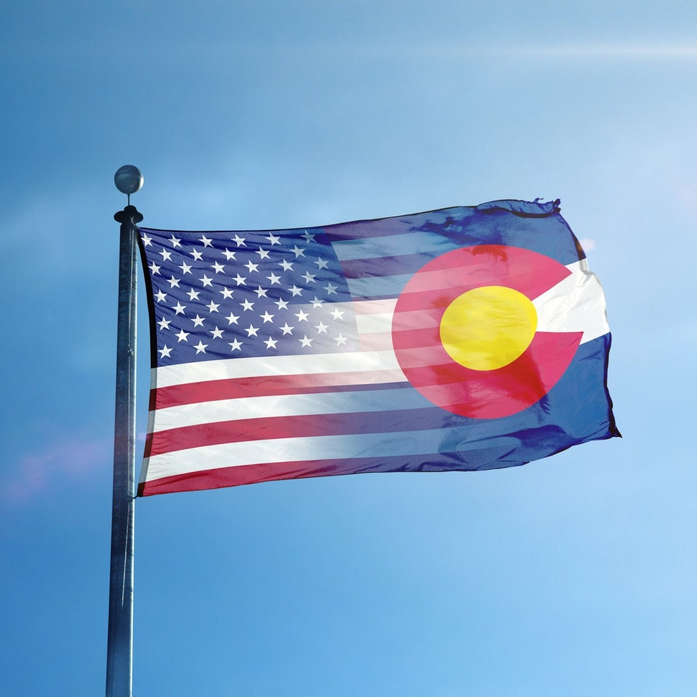 Flag featuring the design of the American and Colorado flags blended together on a flagpole. 