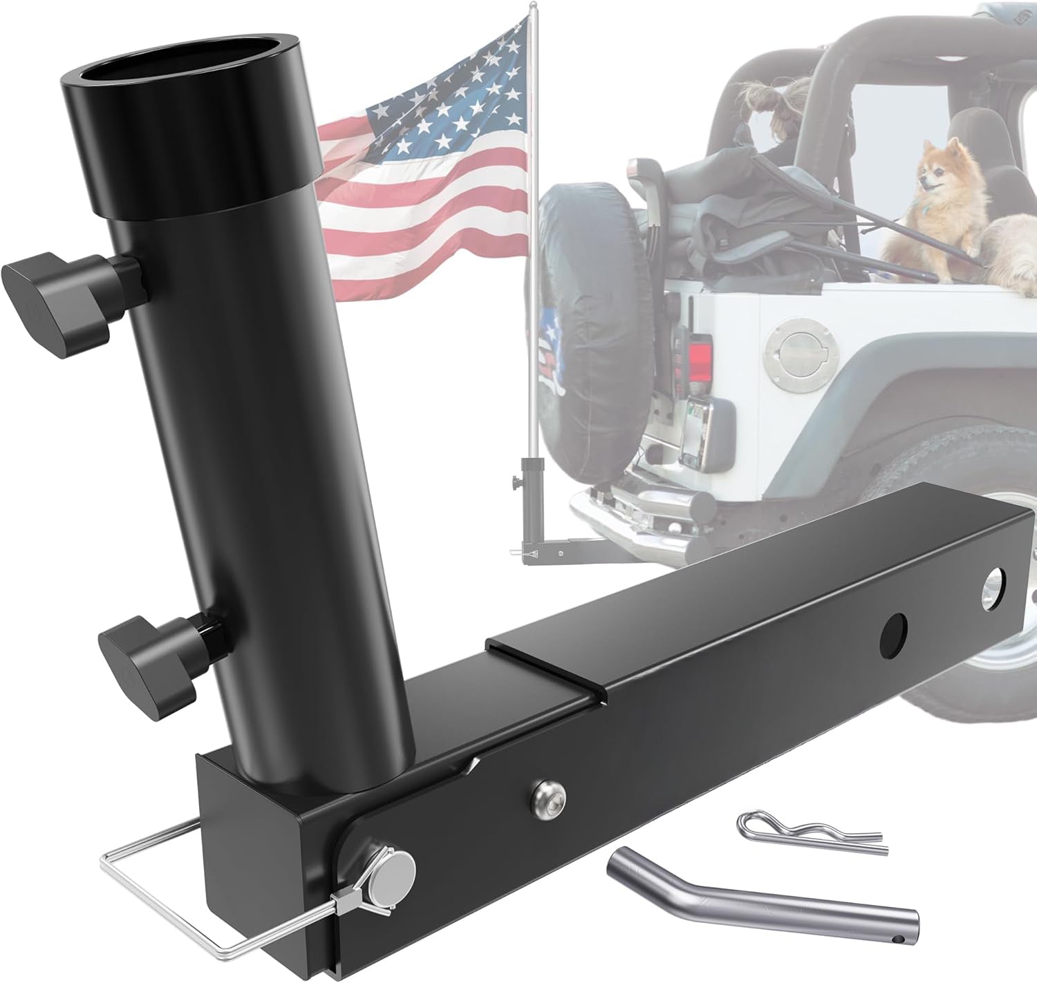 Black flag holder hitch receiver with hardware showcased on a jeep wrangler