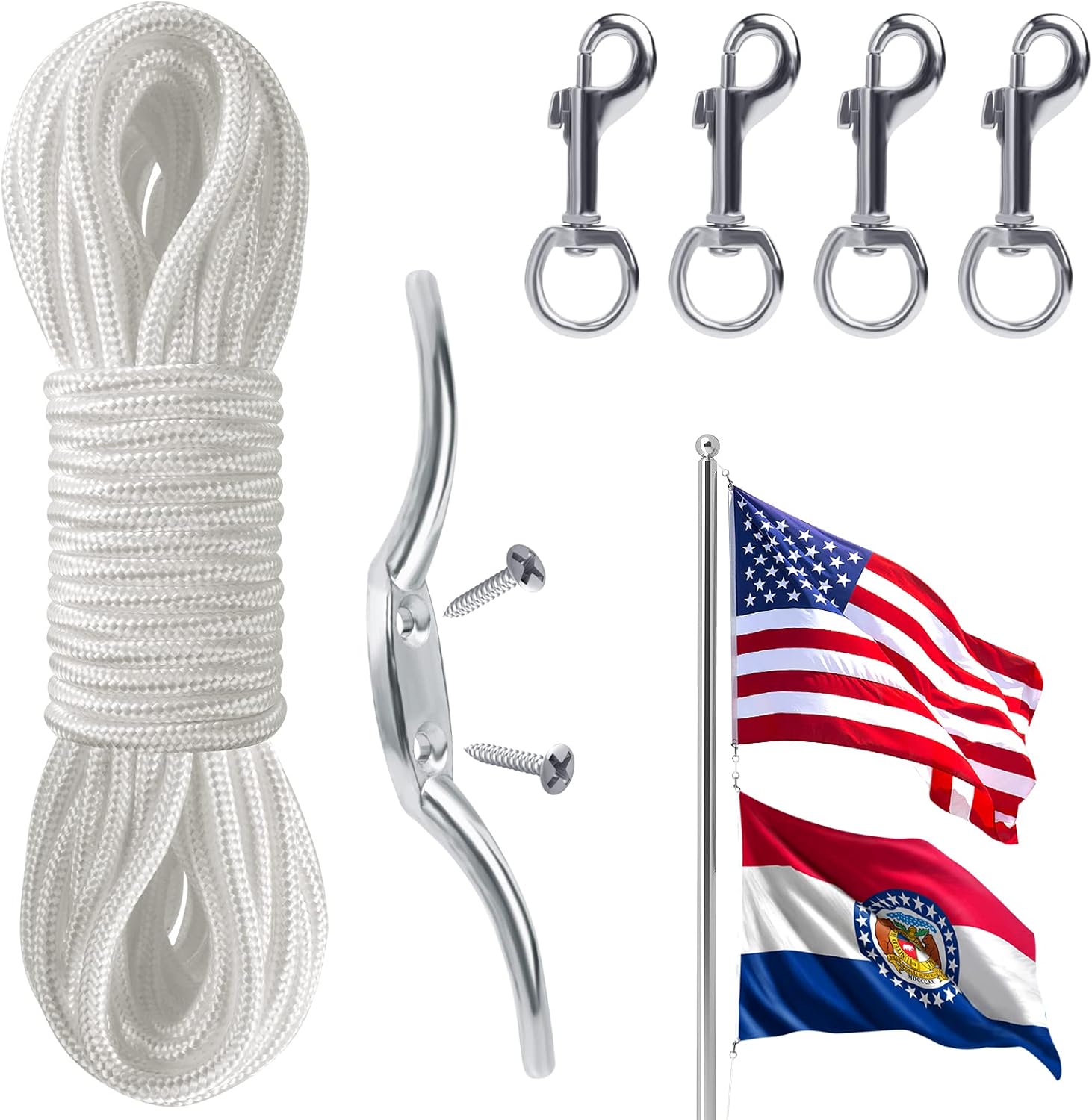 Flag pole halyard rope kit with 50-foot braided nylon rope, zinc alloy swivel clips, cleat hook, and mounting hardware
