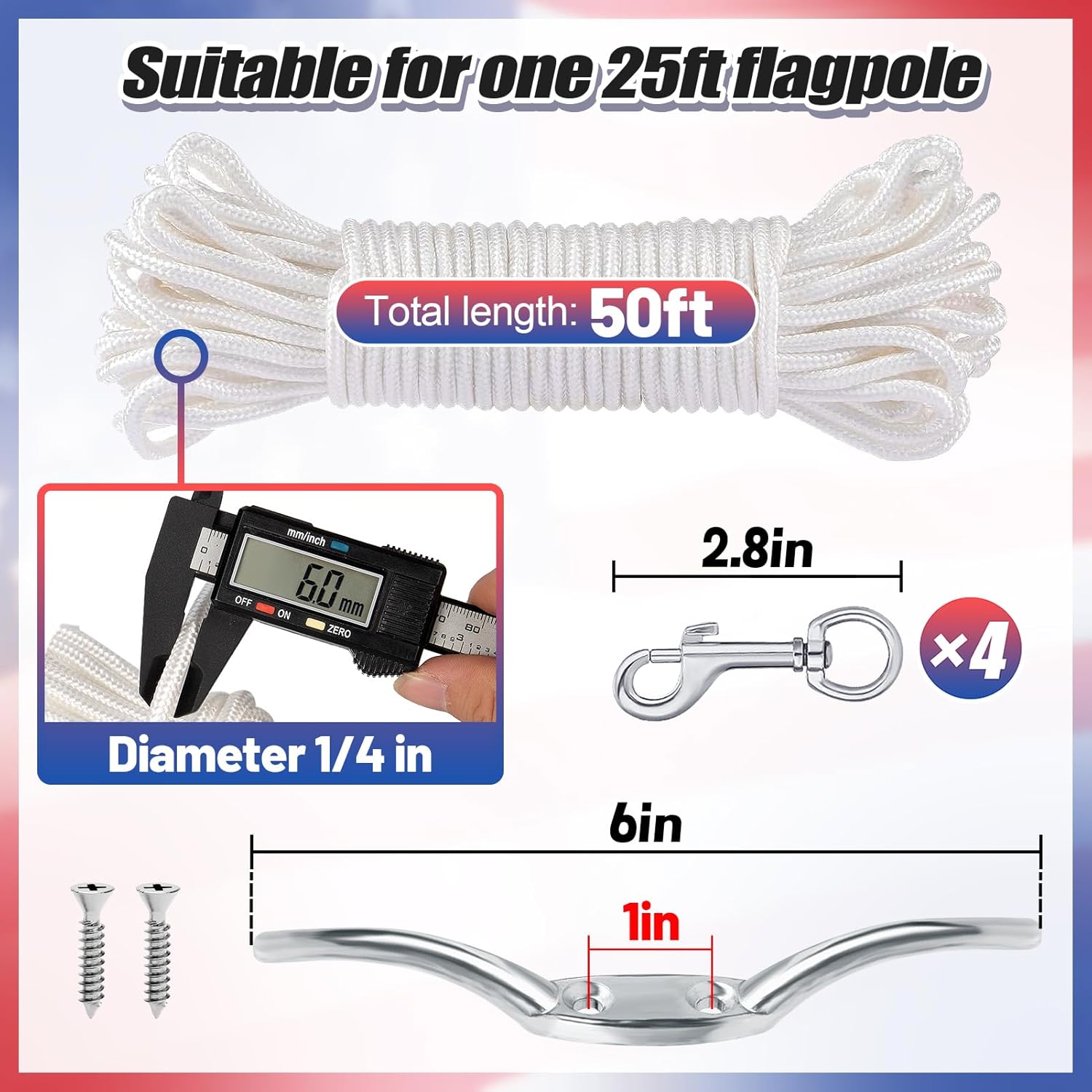 Complete flag pole rope replacement kit showing 1/4-inch diameter nylon halyard, four swivel clips, and installation components