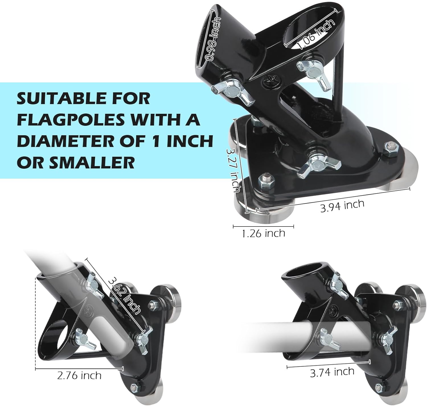 Heavy-duty steel flag pole wall mount showing dimensions and 1-inch pole compatibility for exterior installation