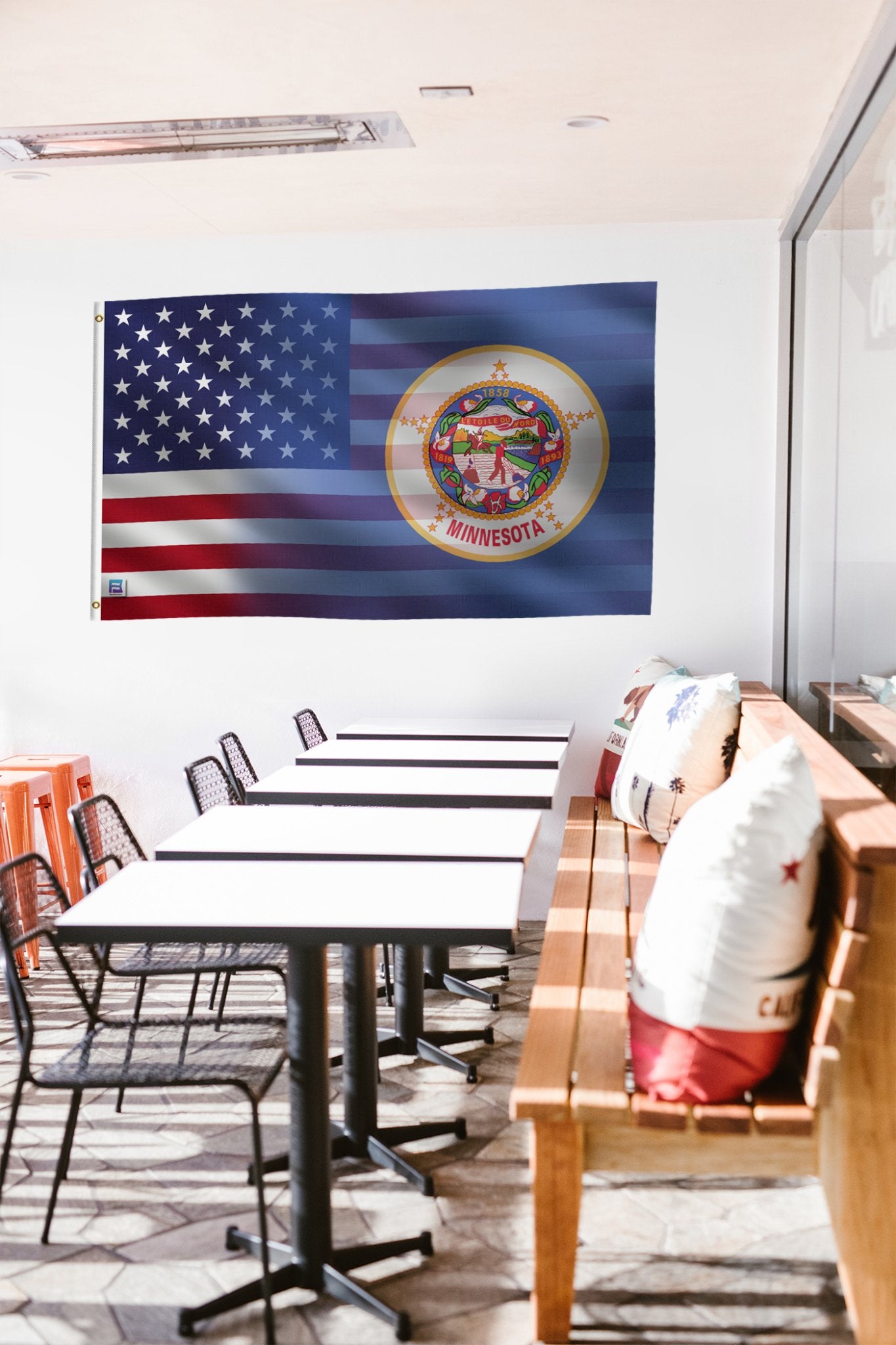 a room with a flag hanging on the wall