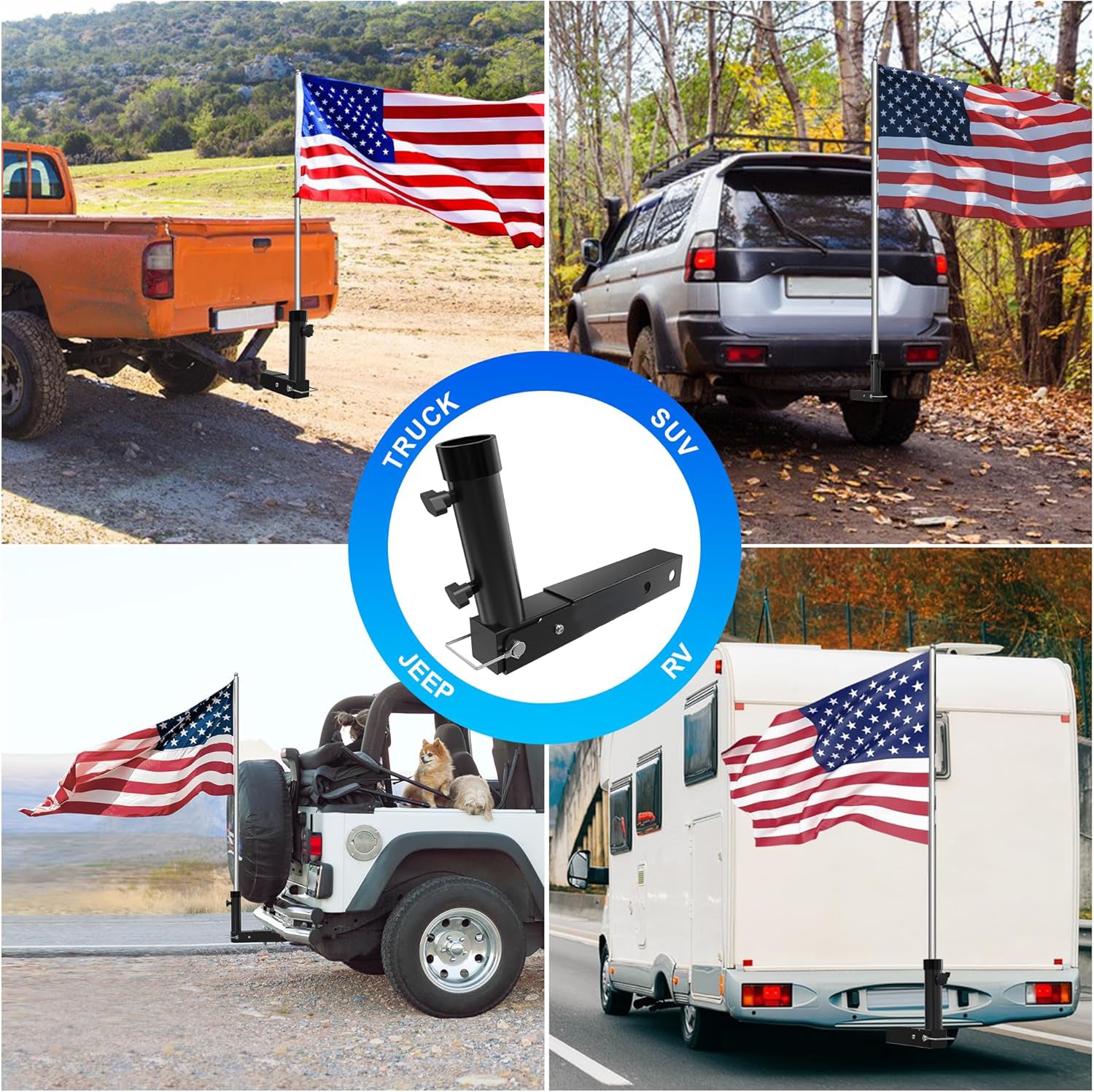 Collage of vehicles with American flags on hitch receivers, featuring a flag holder hitch adapter image in the center.