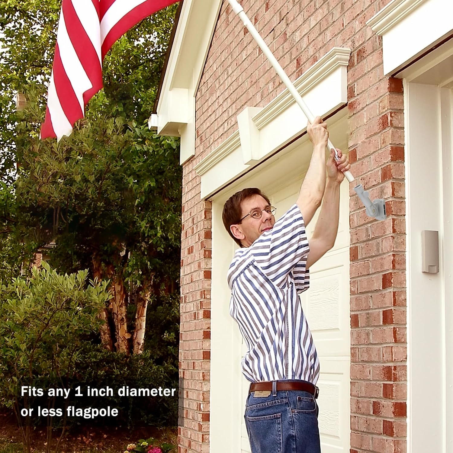 Real-world usage showing the bracket mounted on a house with an American flag