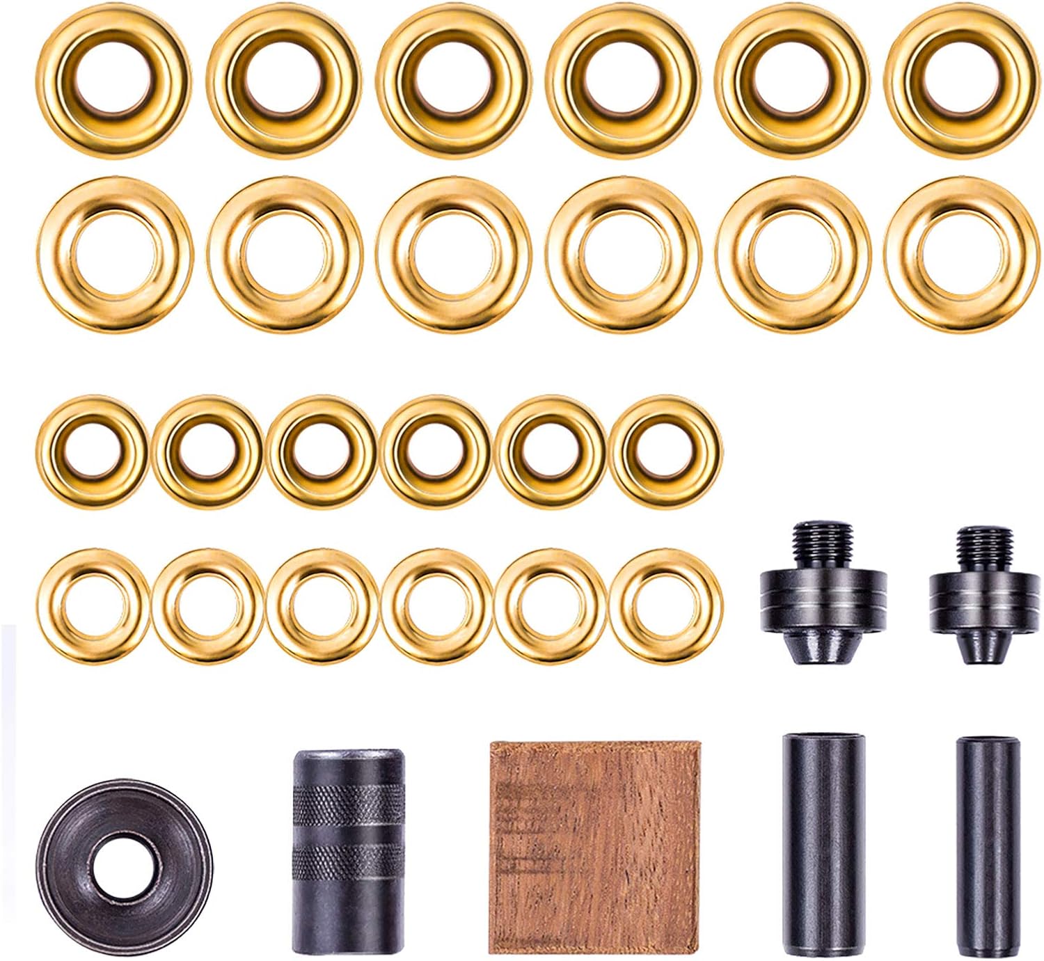 Complete grommet tool kit contents showing brass grommets in two sizes, punch heads, anvil, and installation tools for flag mounting