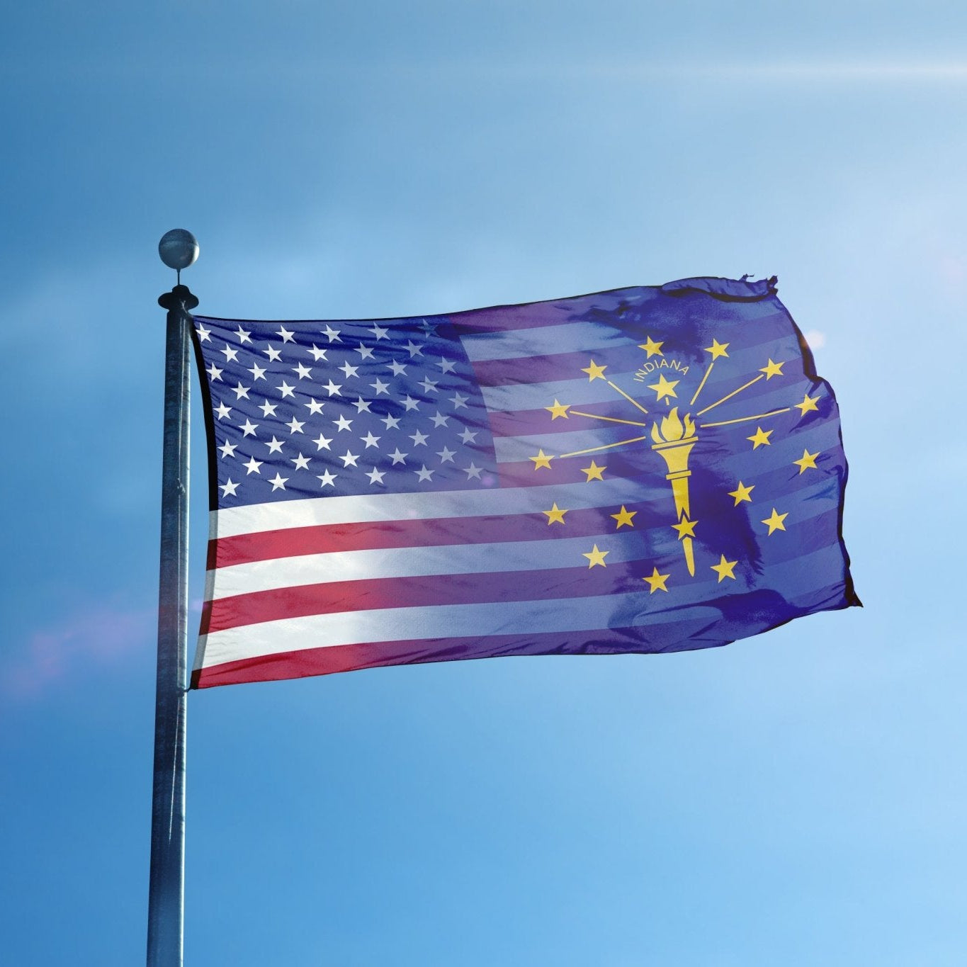 Flag of Indiana with American flag design blended together on a flagpole. 