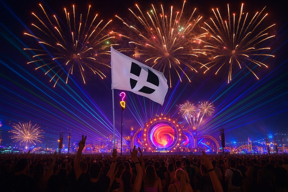 Colorful fireworks display over a stage with a large smash bros. flag and crowd in the foreground.