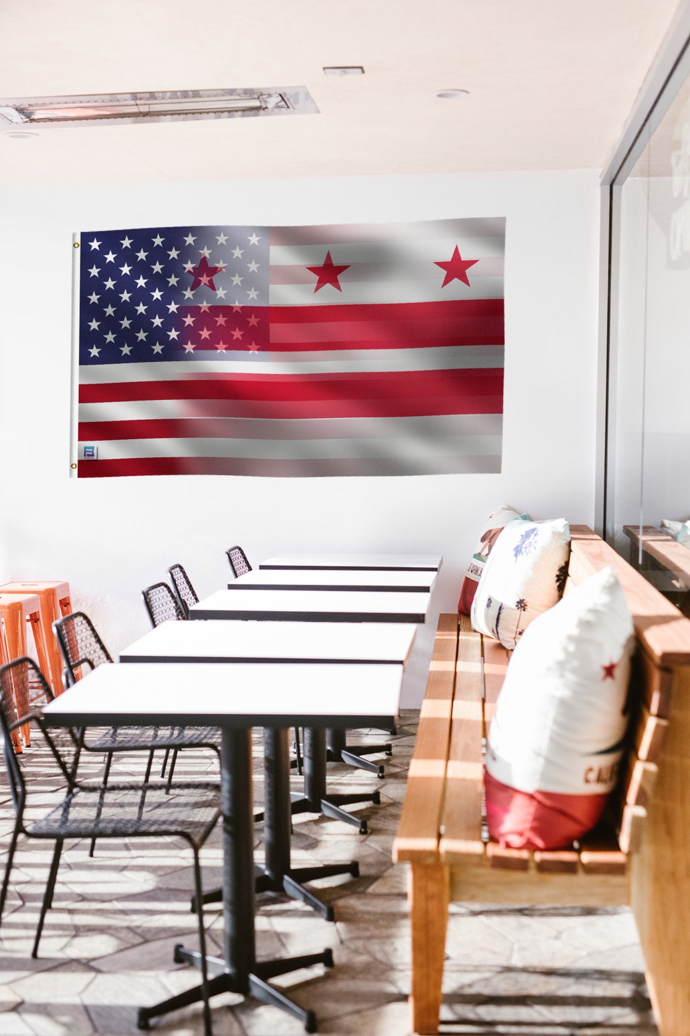 a room with a flag hanging on the wall