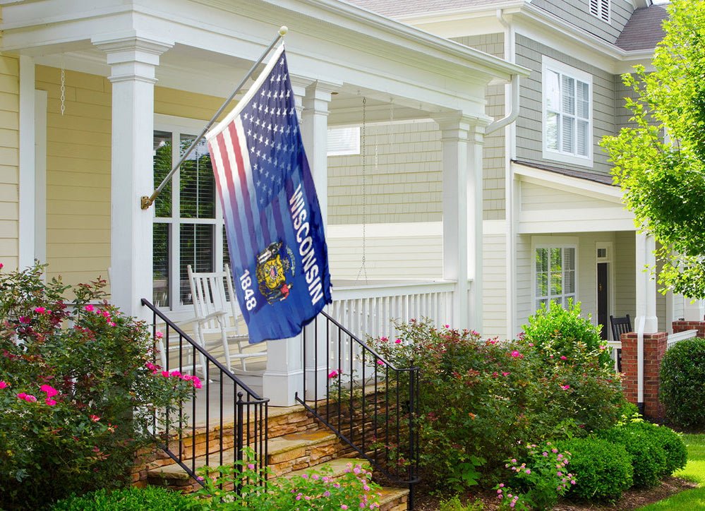 a flag on a porch of a house