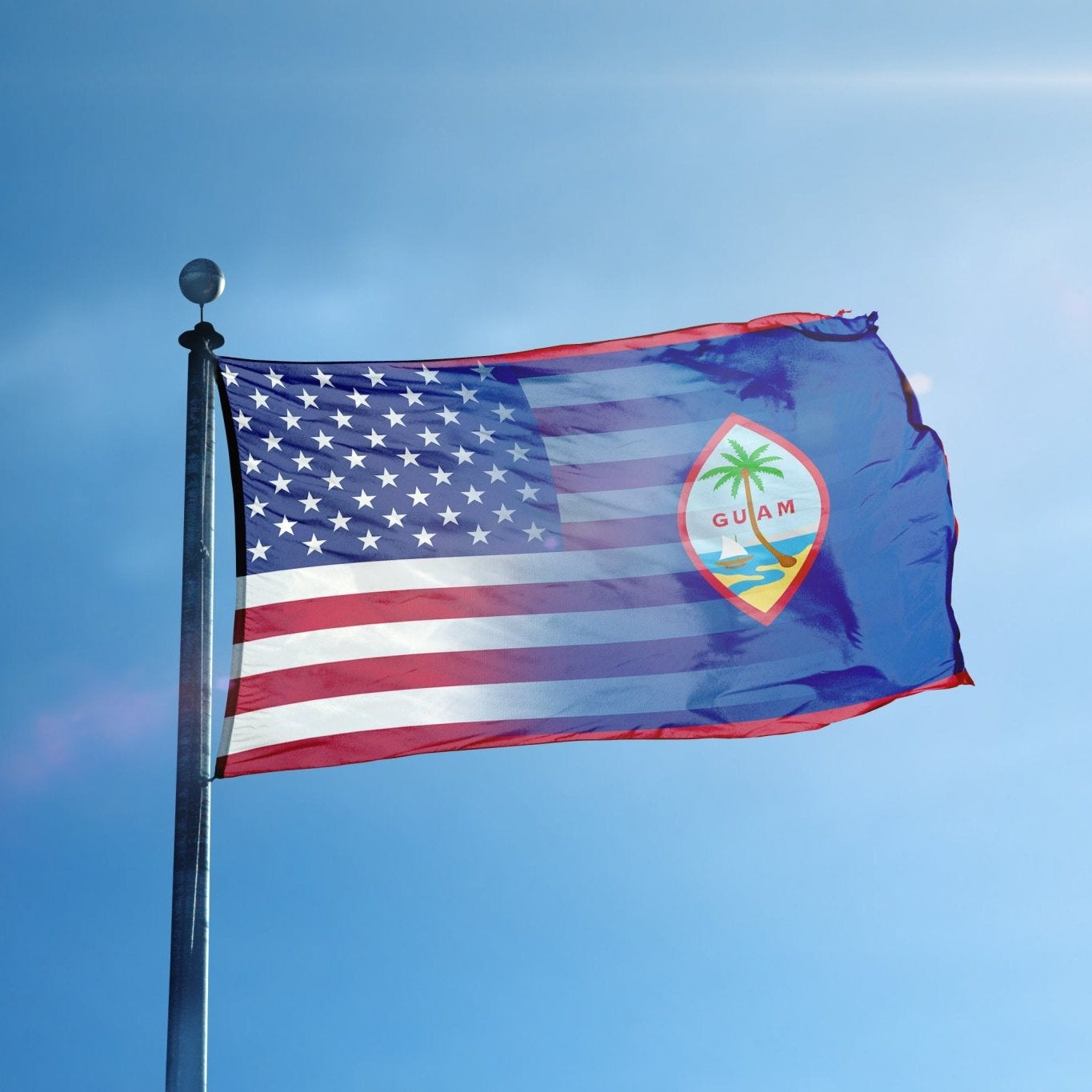 Guam and American Flag Hybrid on a flagpole.