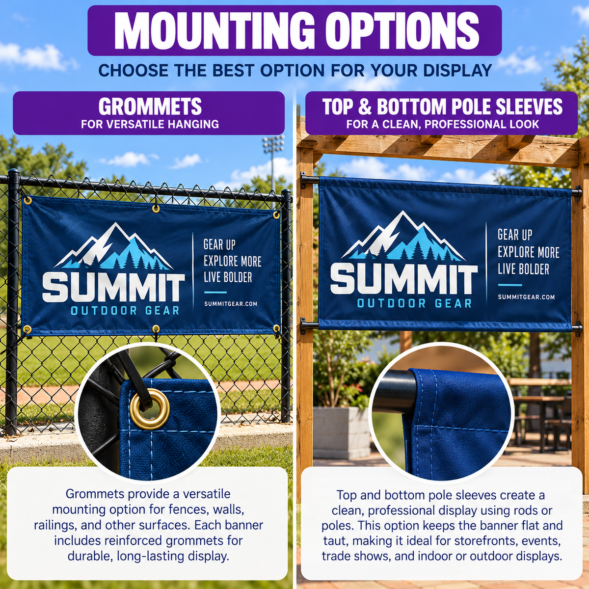 Custom banners house flag; pair of blue banners with Summit Outdoor Gear logo and grommets for mounting.